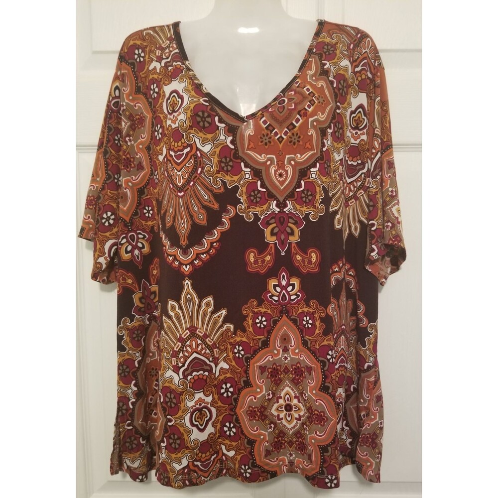 Zena Women's Top Blouse Size 3X Multicolor Paisley Short Sleeve V-Neck